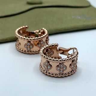 Van Cleef & Arpels 18k Rose Gold Diamond Perlee Clover Earrings