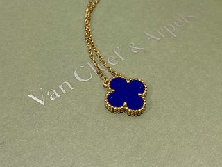 Van Cleef & Arpels 18K Yellow Gold Lapis Lazuli Vintage 10MM  Alhambra Pendant Necklace