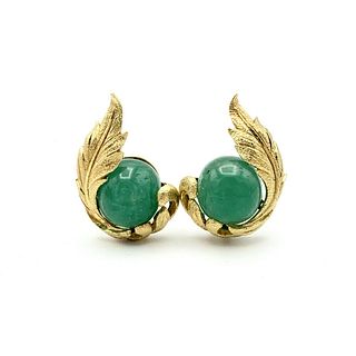 Estate 18k Yellow Gold 10 ct Cabochon Emerald Clip Earring