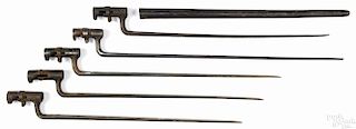 Five socket bayonets, to include three US Trapdoor, a US model 1855, and one unidentified