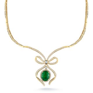 14K GOLD 6.5CTTW EMERALD OVAL AND DIAMOND NECKLACE