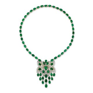 18K GOLD 56.0CTTW EMERALD AND DIAMOND NECKLACE