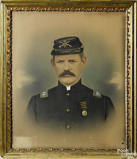 Post Civil War portrait of a soldier, late 19th c., wearing a kepi with WR insignia, 24'' x 20''.