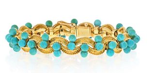 18K YELLOW GOLD ONE LINE BEADED TURQUOISE TWISTED