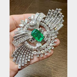 Art Deco Platinum Colombian Emerald Diamond Brooch