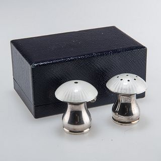 A PAIR OF DANISH STERLING SILVER AND ENAMEL MUSHROOM-FORM SALT AND PEPPER POTS
