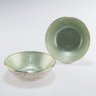 A PAIR OF NORWEGIAN SILVER AND ENAMEL BOWLS