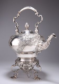 A GEORGE II SCOTTISH SILVER KETTLE ON LAMPSTAND