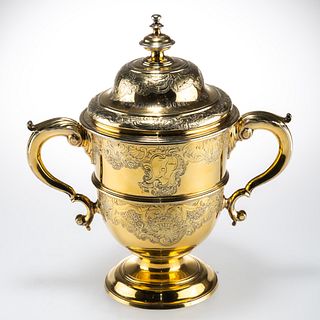 A GEORGE II SILVER-GILT TWO-HANDLED CUP AND COVER