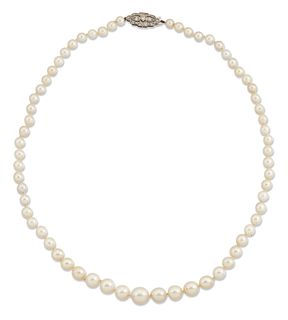 A CULTURED PEARL NECKLACE WITH A DIAMOND SET CLASP