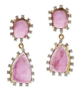 A PAIR OF PINK TOURMALINE AND DIAMOND PENDANT CLUSTER EARRINGS