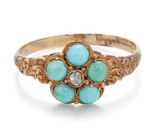 A VICTORIAN TURQUOISE AND DIAMOND CLUSTER RING