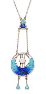 CHARLES HORNER - A SILVER, MOTHER-OF-PEARL AND ENAMEL PENDANT NECKLACE