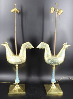 A Pair Of Bronze / Brass Enameled Bird Form Lamps