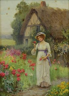 AFFLECK, William. Watercolor. Woman in Rose Garden