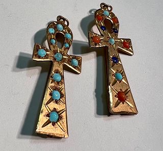 Antique Sterling Silver & Gold Gilt~ Turquoise and Coral Egyptian Ankh