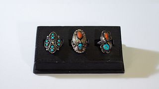 3 Vintage Navajo Coral/ Turquoise Sterling Silver Rings~ Sz. 7-9