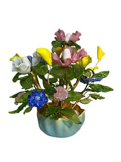 Vintage Hand-made Art Glass Flower Bouquet on a Roseville Bowl
