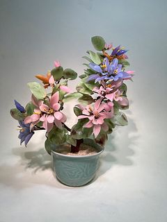 Vintage Celadon Planter with Handmade Glass Flowers Plant