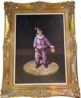 Vintage French Oil Painting on Baord of a Harlequin on a Gold Frame