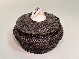 Pacific Northwest Inupiaq Baleen Basket & Walrus Finial~ Signed 