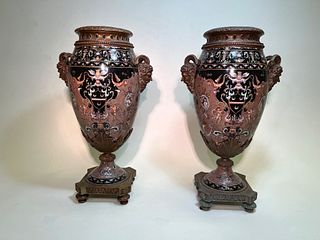 Castilian Porcelain & Bronze Satyr Handles Urns/ Vases