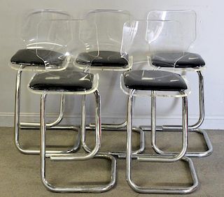Set of 5 Midcentury Lucite and Chrome Stools.