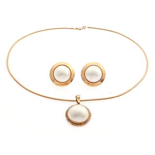 Mabe Pearl, Diamond, 14k Necklace and Pair of Earrings