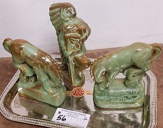 TRAY 3PC. FRANKOMA-PR. HORSE BOOK ENDS INDIAN FIGURINES (REPAIRED)