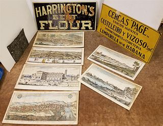 TRAY 6 18TH C HAND COLORED ENGR 2 VINTAGE ENAMEL SIGNS 9" X 20" AND BRASS STENCIL