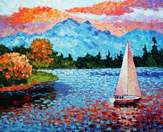 Antanenka Hand Embellished Giclee on Canvas "Mountain Lake Sailing"