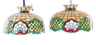 Near Pair of Leaded Glass Hanging Lamps