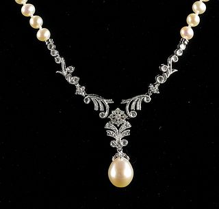 14K White Gold, Pearl, & Diamond Necklace
