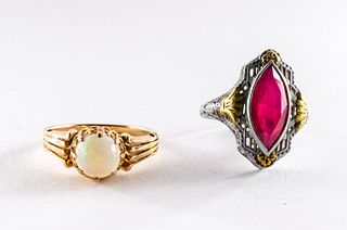 Two Estate Gold Rings - Opal & Ruby