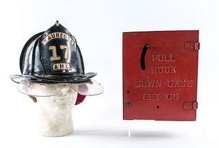 Vintage Leather Fire Helmet & Fire Call Box