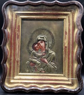 Antique Painted Icon of Mother and Child with Gilt