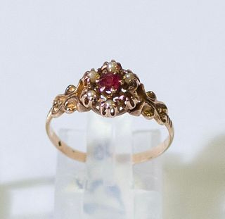 Antique Victorian 18K Gold, Pearl Seed & Ruby Ring~ Sz.7