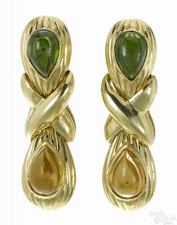18K yellow gold, citrine, and tourmaline earrings, each set with a single teardrop tourmaline