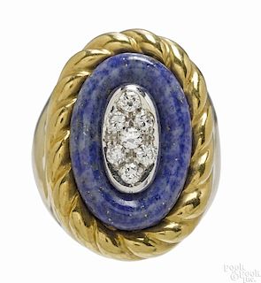 18K yellow and white gold, diamond, and lapis ring with an oval lapis