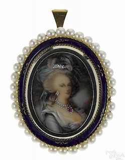 Continental gold and pearl portrait brooch, 19th c., depicting a watercolor bust of a lady