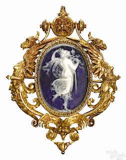 Cameo brooch, 19th c., with a blue glass cameo of a female figure