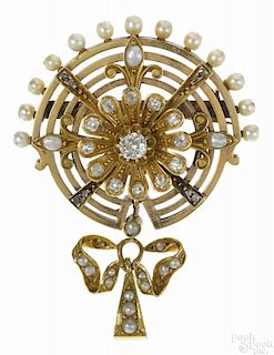 18K yellow gold, diamond, and pearl pendant brooch with thirteen old mine cut diamonds