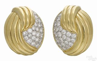 18K yellow gold and diamond shell style clip earrings, each set with twenty-three diamonds