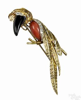18K yellow gold toucan diamond, coral, and onyx brooch, 3 1/4'' l., 14 dwt.
