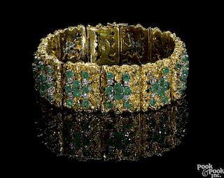 14K yellow gold, emerald, and diamond bracelet with forty-eight diamonds, 1.70ct TWD