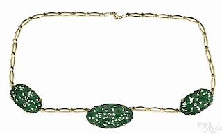 14K yellow gold and carved green jade necklace with three relief carved pendants