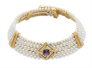 Cultured Pearl and Amethyst Choker Necklace