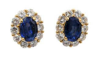 Pair of 18 Karat Yellow Gold Sapphire and Diamond Earrings