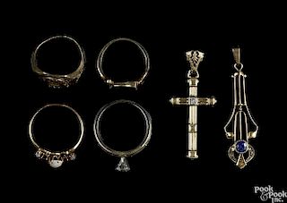 Assorted gold jewelry, to include a 14K yellow gold cross with a small accent diamond, .76 dwt