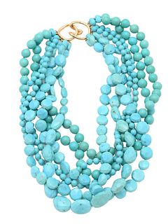 14 Karat Yellow Gold and Turquoise Torsade Necklace